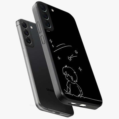 Line Art Boy With Shooting Stars Glass Case displayed in angled mockup highlighting elegant line art design with dreamy star aesthetic.