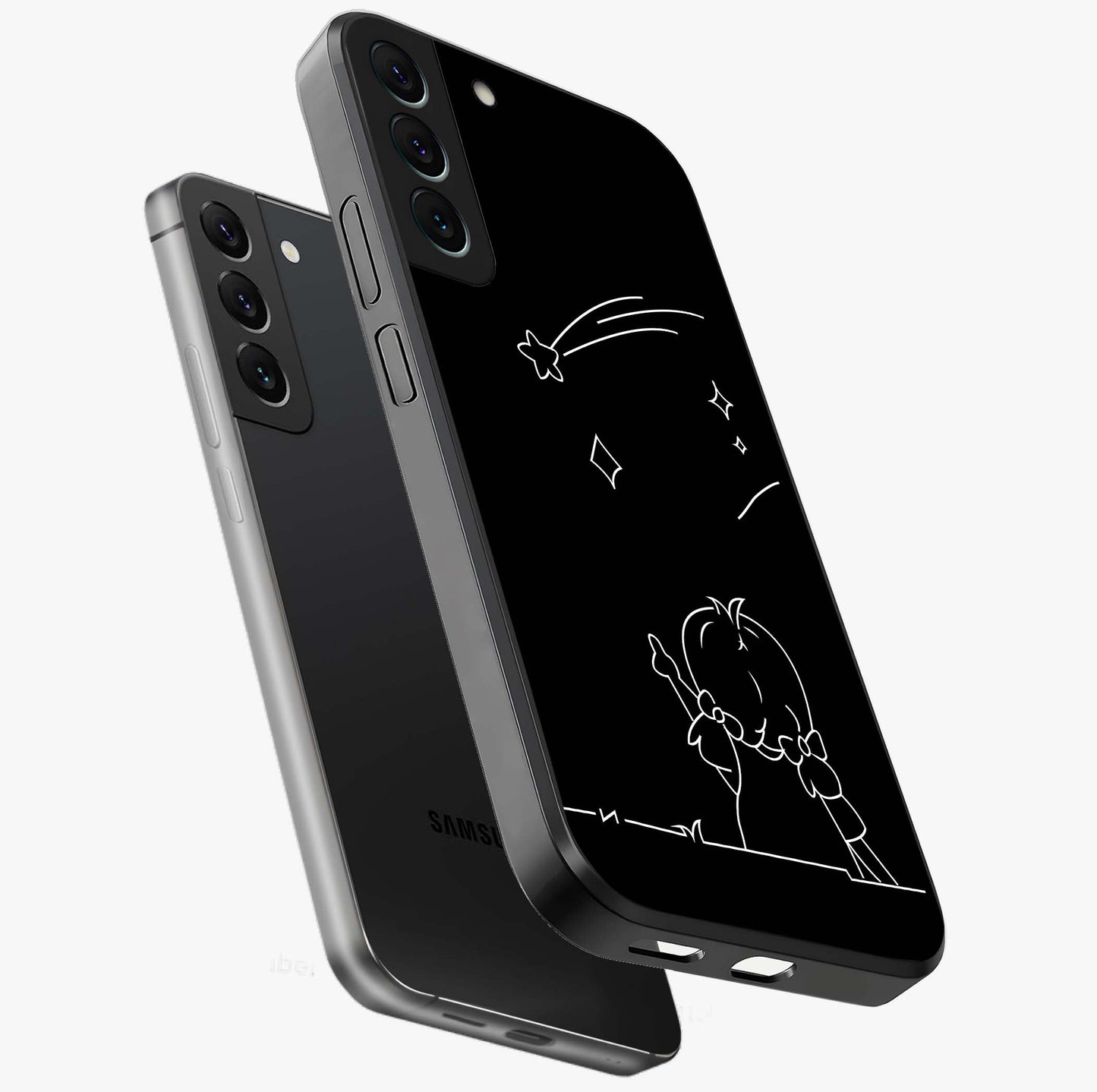 Line Art Girl With Shooting Stars Glass Case displayed in angled mockup highlighting elegant line art design with dreamy star aesthetic.