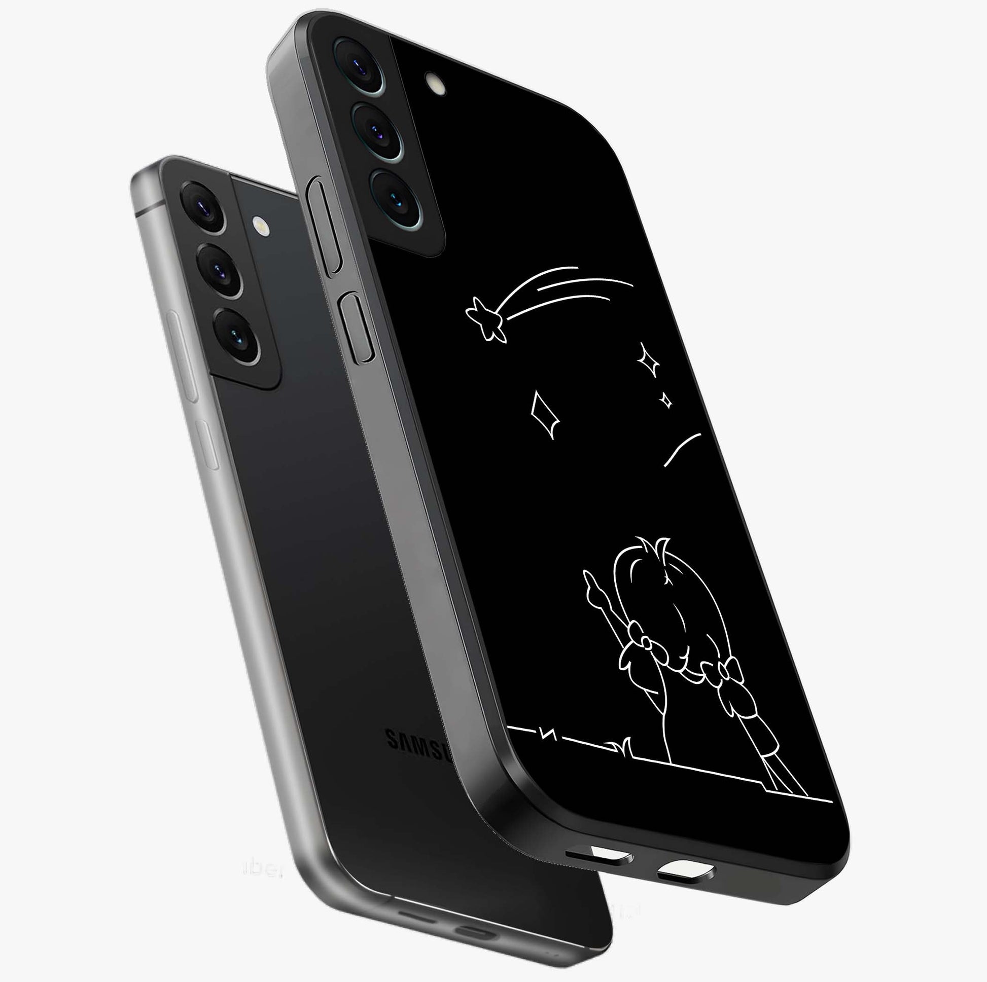 Line Art Girl With Shooting Stars Glass Case displayed in angled mockup highlighting elegant line art design with dreamy star aesthetic.