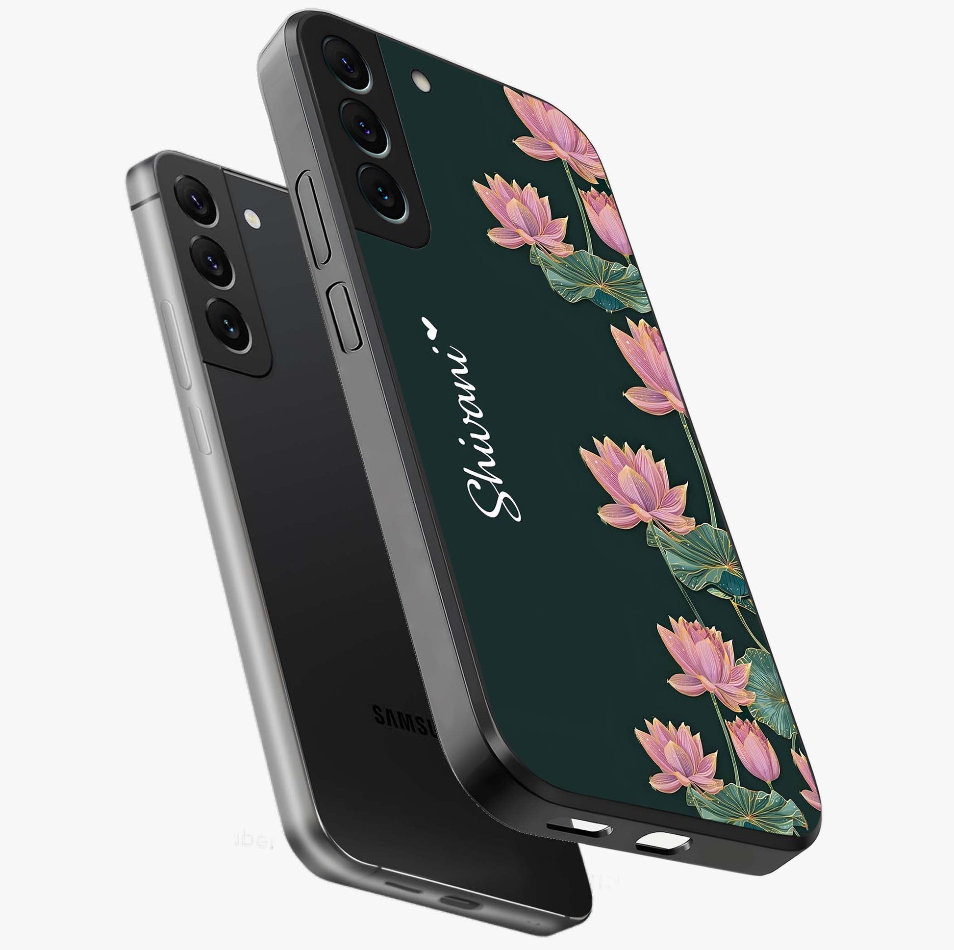 Lotus Bloom Serenity Custom Name Glass Case displayed in angled mockup highlighting graceful lotus illustration with custom name feature.