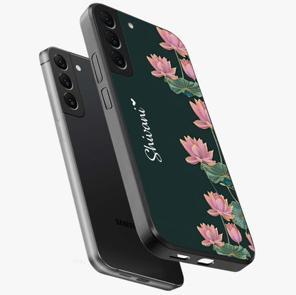 Lotus Bloom Serenity Custom Name Glass Case displayed in angled mockup highlighting graceful lotus illustration with custom name feature.