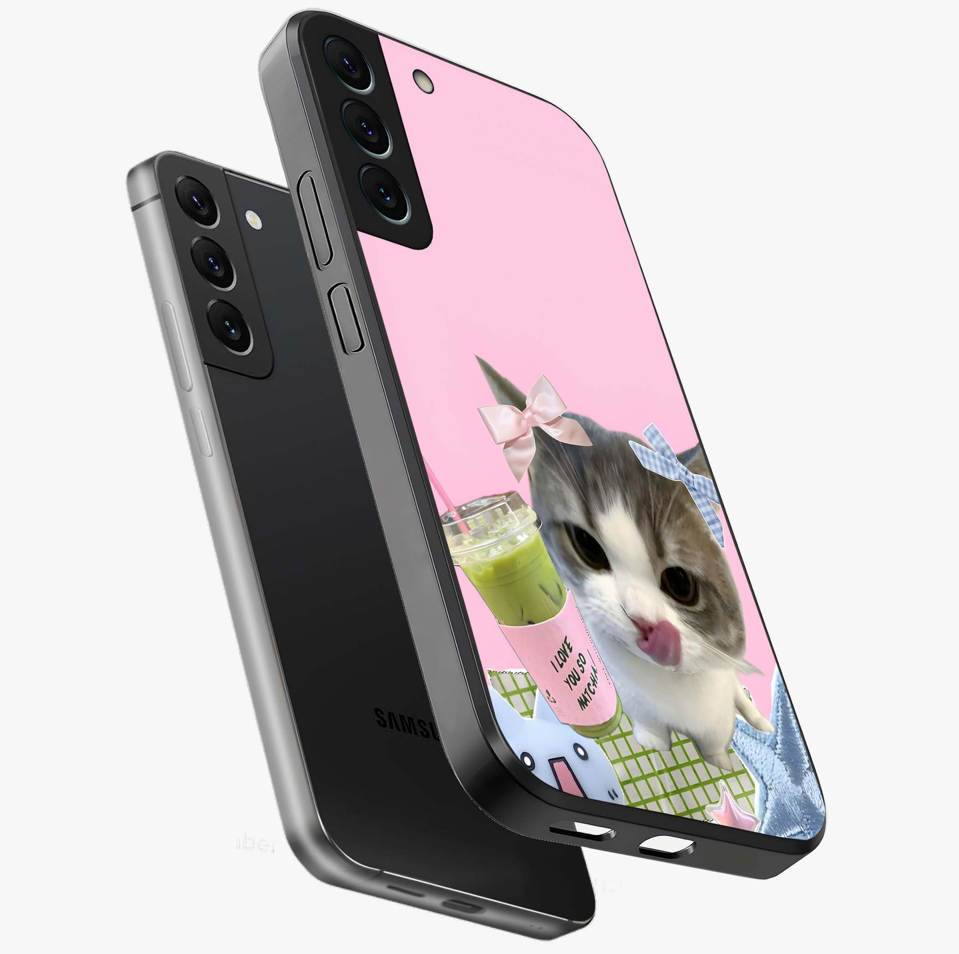 Love Matcha Cat Glass Case displayed in angled mockup highlighting playful feline illustration with cozy matcha aesthetic.