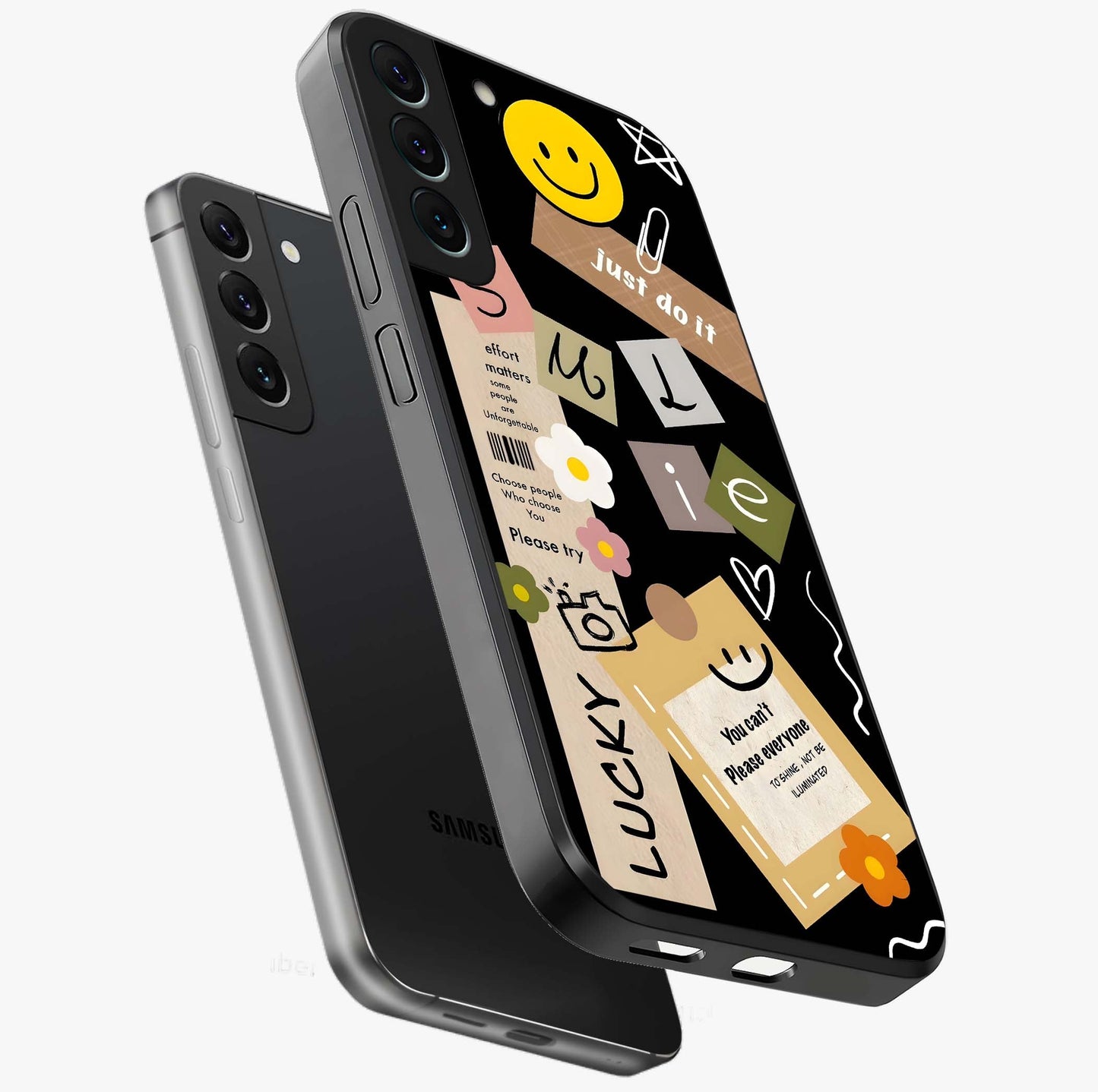 Lucky Aesthetic Collage Glass Case displayed in angled mockup highlighting stylish collage pattern with modern aesthetic vibe.