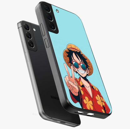 Luffy Summer Anime Vibe Glass Case displayed in angled mockup highlighting energetic anime illustration with summer vibe aesthetic.