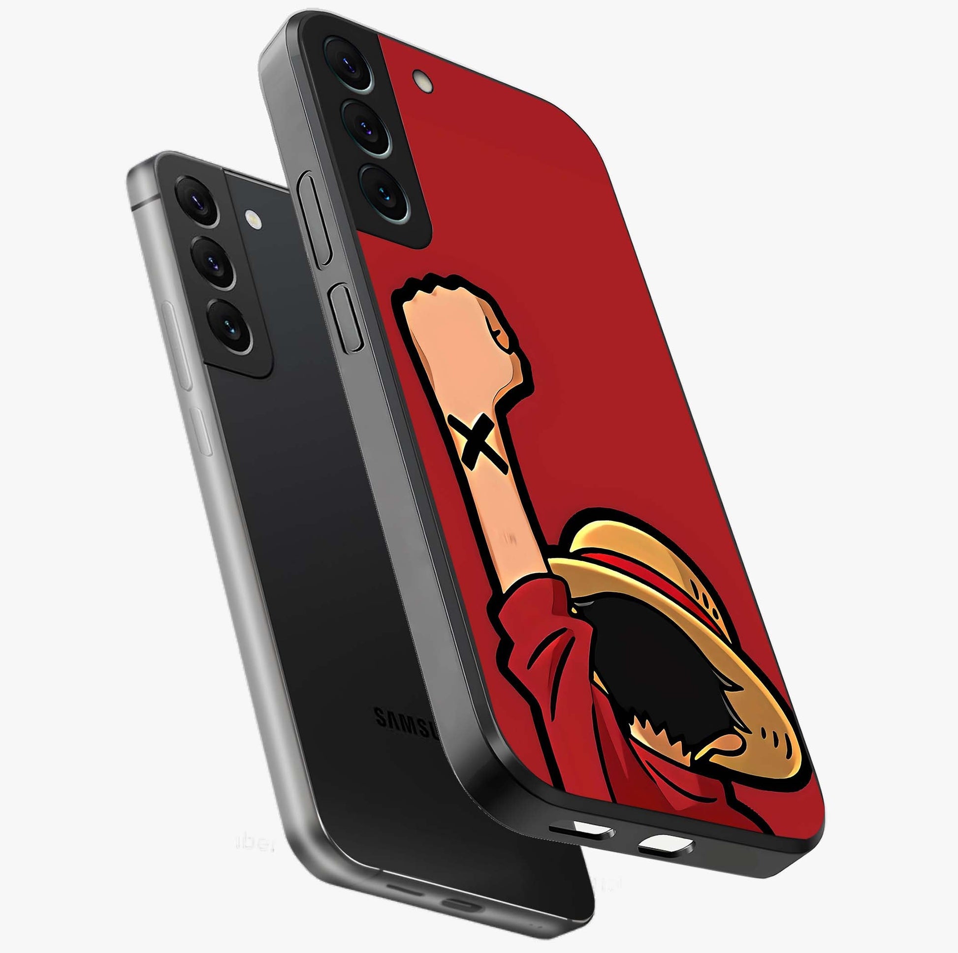 Luffy X Spirit Glass Case displayed in angled mockup highlighting powerful anime design with energetic action aesthetic.