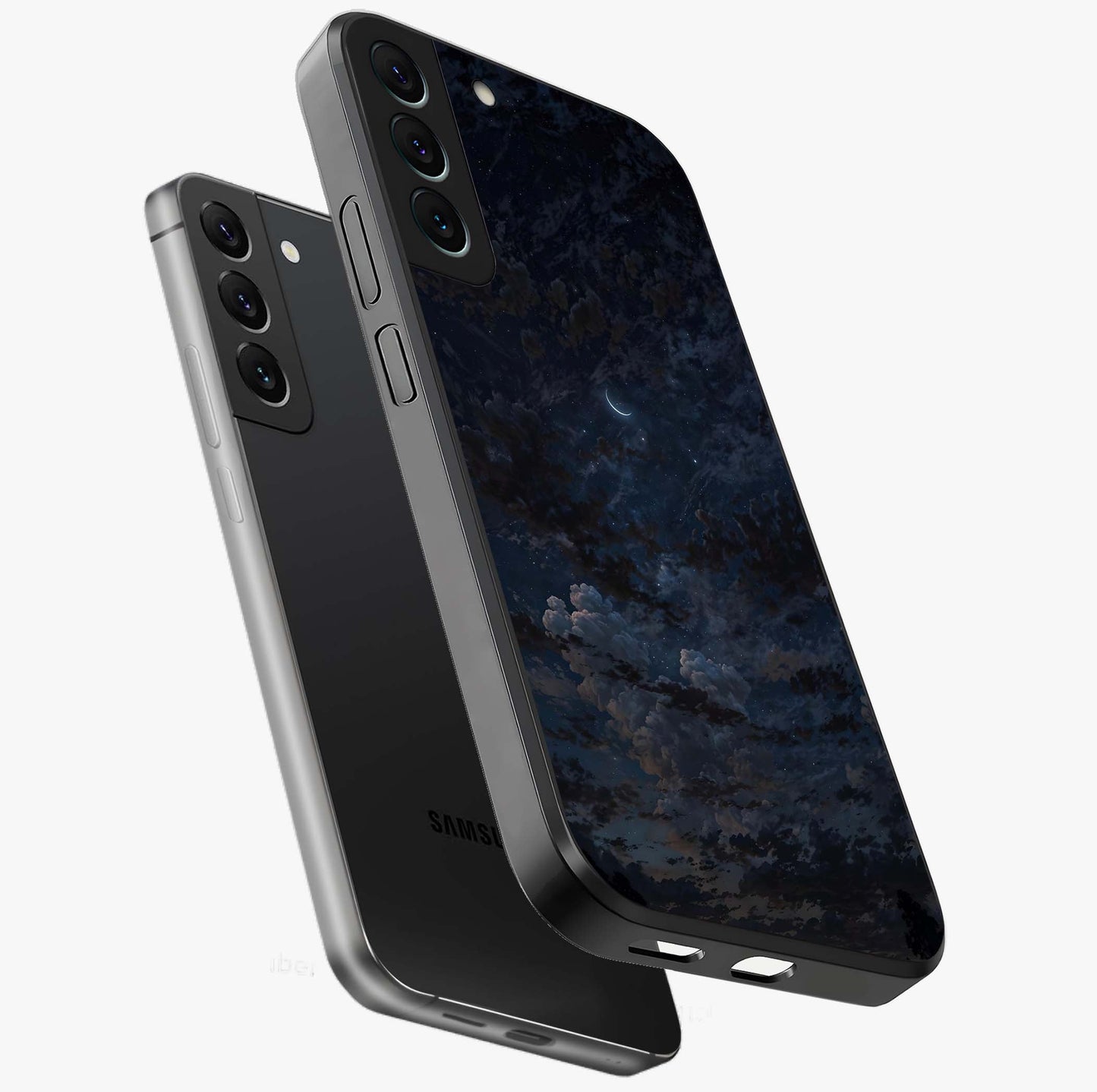 Lunar Veil Silence Glass Case displayed in angled mockup highlighting soft lunar design with peaceful celestial aesthetic.