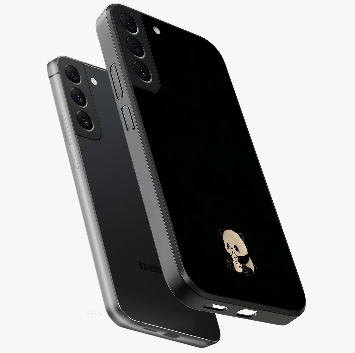 Midnight Panda Love Glass Case displayed in angled mockup highlighting adorable panda illustration with midnight aesthetic.