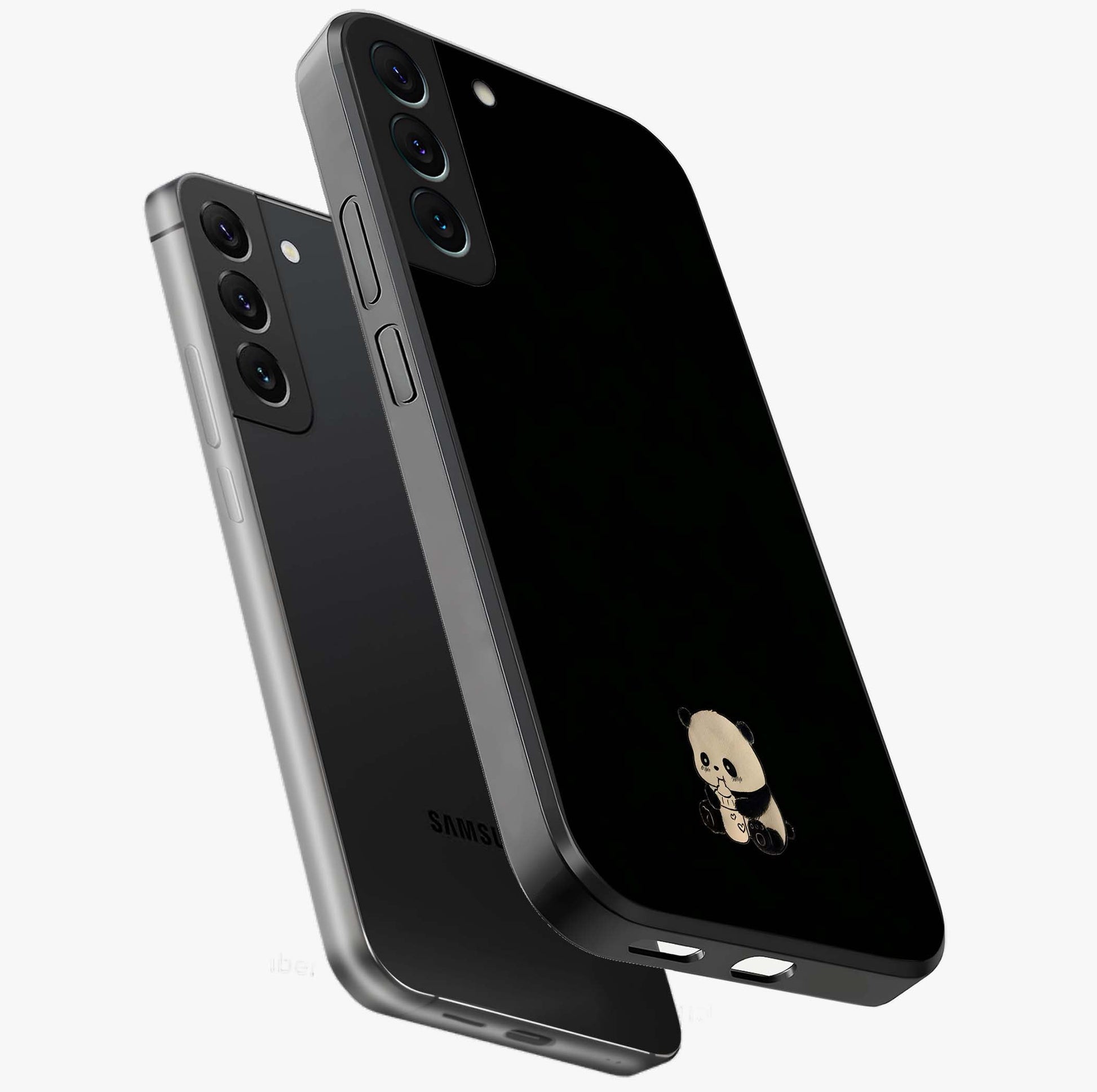Midnight Panda Love Glass Case displayed in angled mockup highlighting adorable panda illustration with midnight aesthetic.