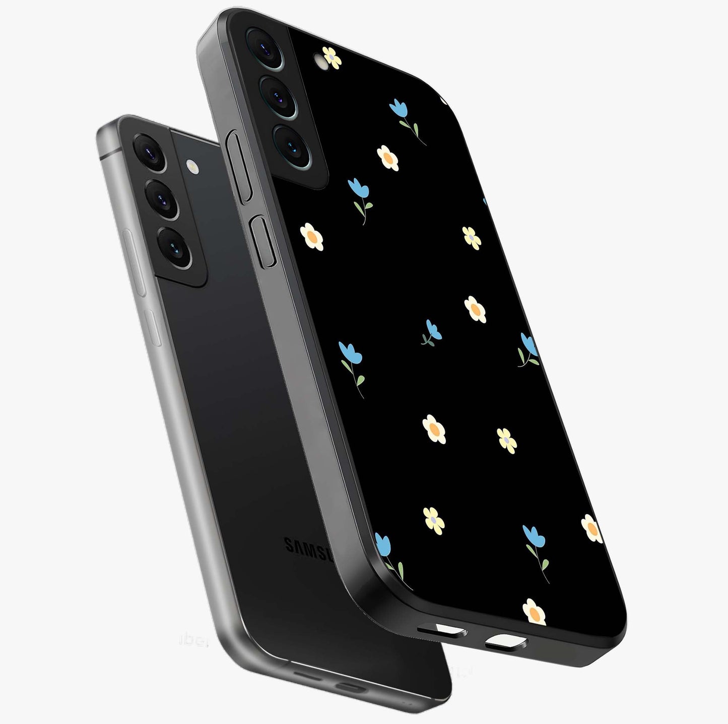 Minimal Petal Whispers Glass Case displayed in angled mockup highlighting delicate petal design with clean minimal aesthetic.
