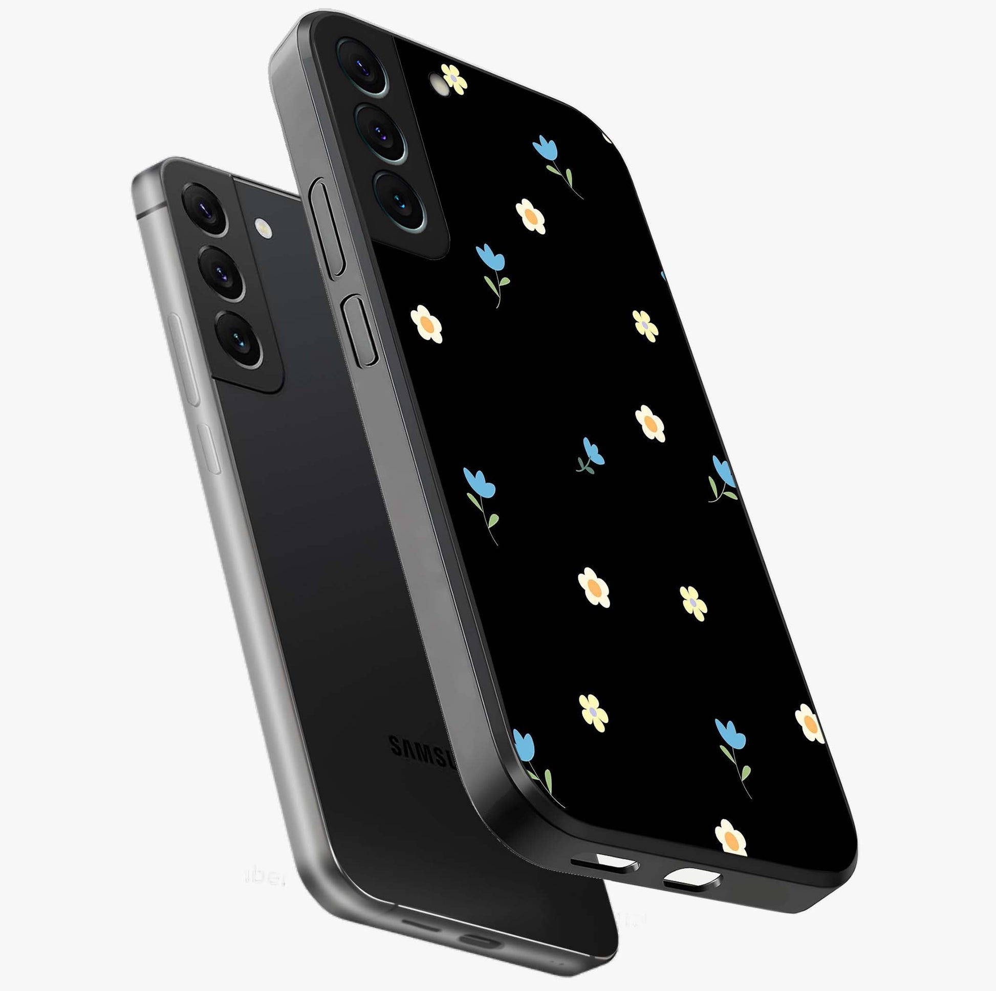 Minimal Petal Whispers Glass Case displayed in angled mockup highlighting delicate petal design with clean minimal aesthetic.