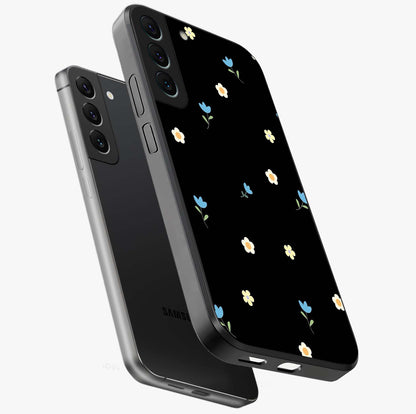 Minimal Petal Whispers Glass Case displayed in angled mockup highlighting delicate petal design with clean minimal aesthetic.
