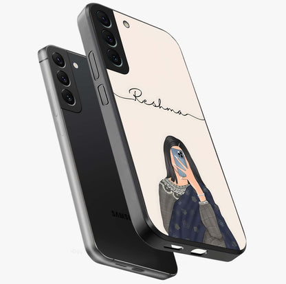 Mirror Mood Muse With Custom Name Glass Case displayed in angled mockup highlighting aesthetic mirror inspired design with custom name feature.