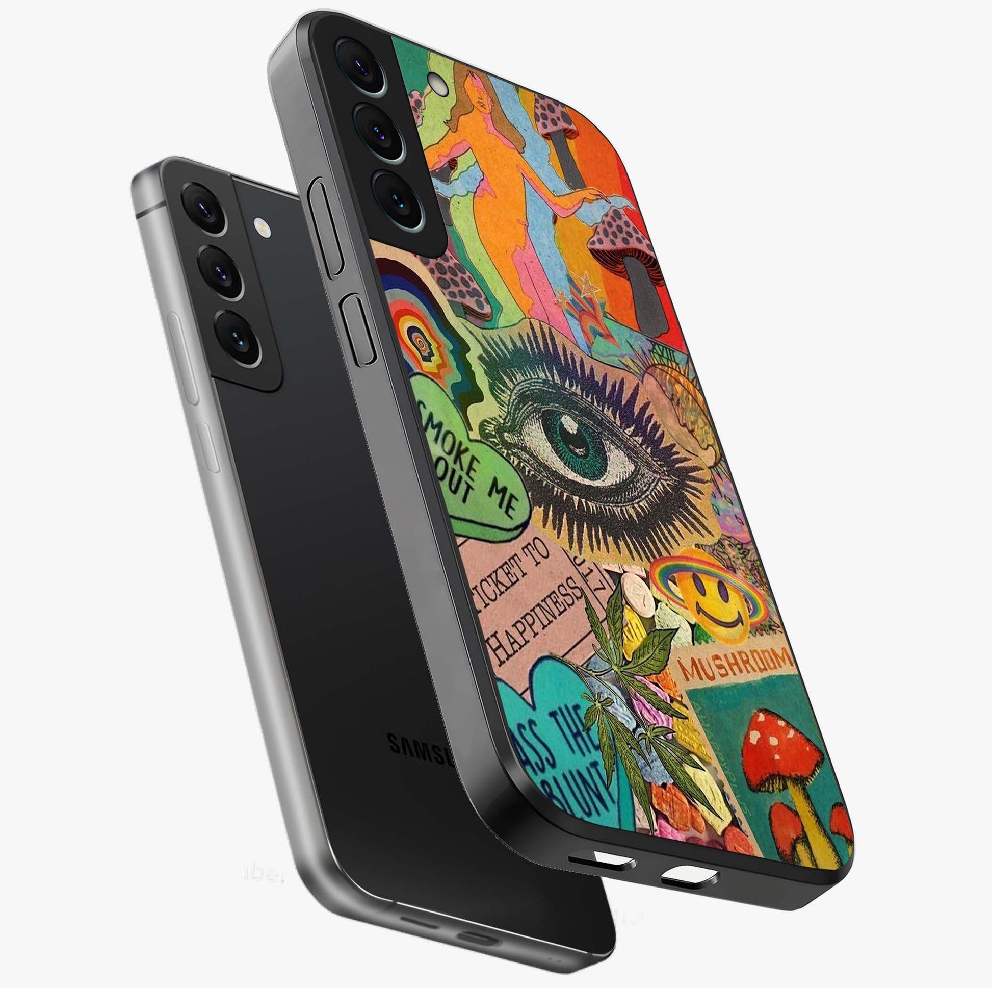 Mystic Eye Wonderland Glass Case displayed in angled mockup highlighting magical eye illustration with dreamy aesthetic.