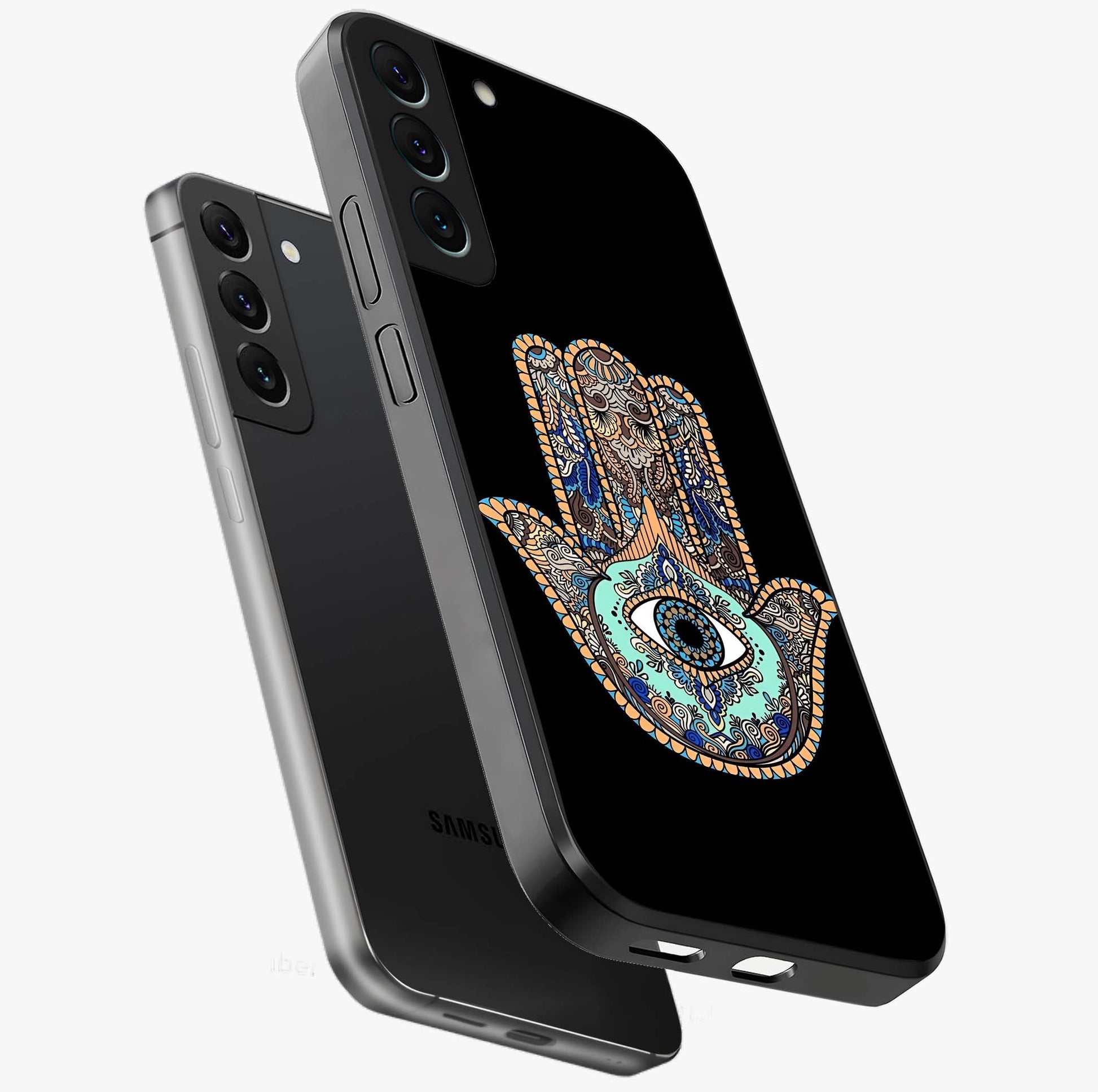 Mystic Hamsa Eye Glass Case displayed in angled mockup highlighting spiritual hamsa symbol with mystical aesthetic style.