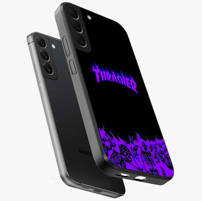 Neon Flame Riot Glass Case displayed in angled mockup highlighting glowing flame design with vibrant neon aesthetic.