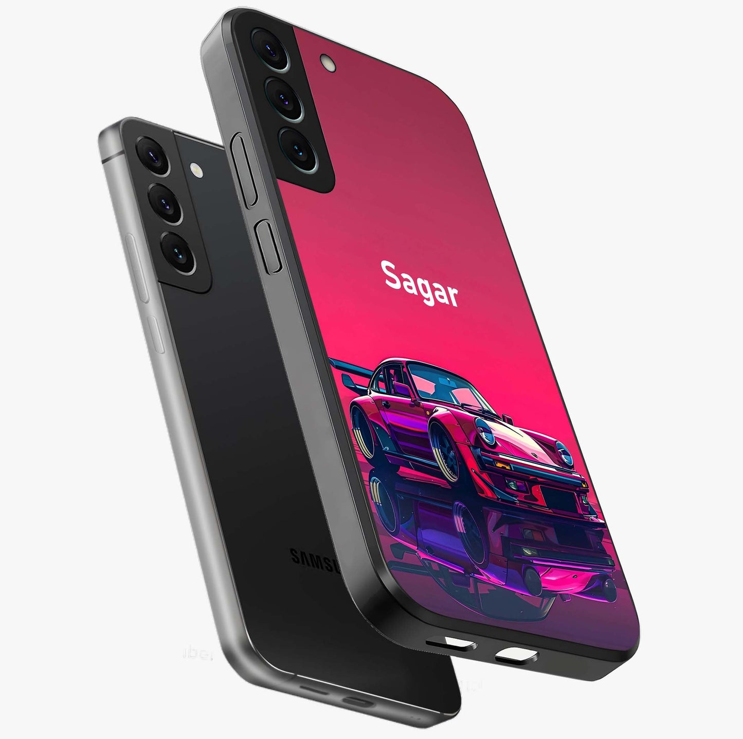 Neon Pink Porsche Glass Case displayed in angled mockup highlighting sleek neon pink car design with racing aesthetic.