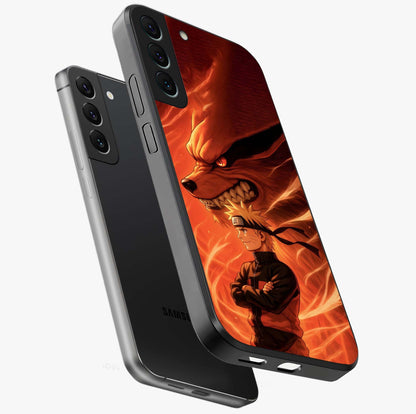 Nine Tails Legacy Glass Case displayed in angled mockup highlighting dynamic anime beast illustration with bold mystical aesthetic.