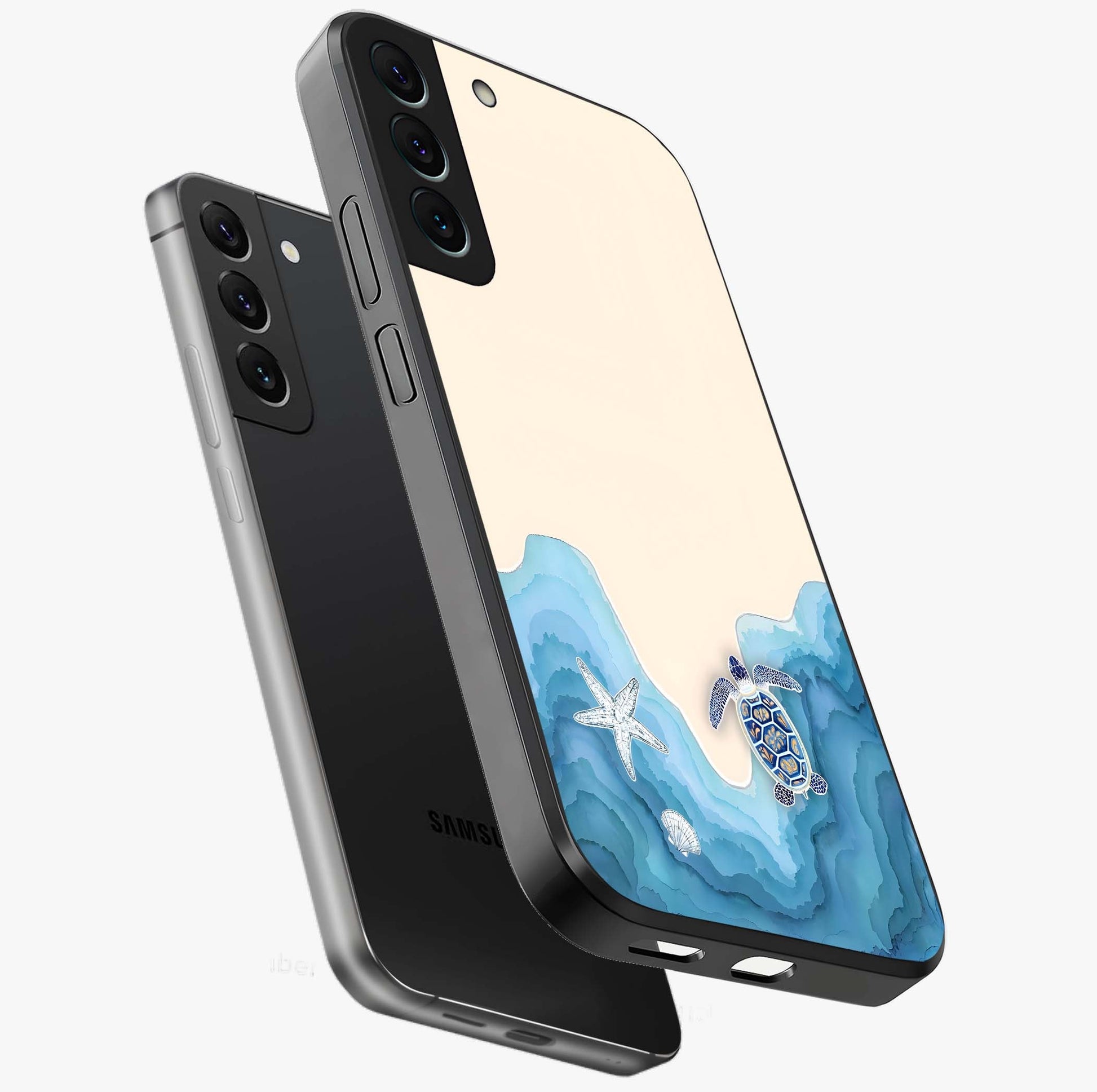 Ocean Drift Turtle Glass Case displayed in angled mockup highlighting peaceful ocean turtle illustration with marine aesthetic.