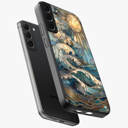 Oceanic Stained Printed Glass Case displayed in angled mockup highlighting colorful aquatic design with artistic aesthetic style.