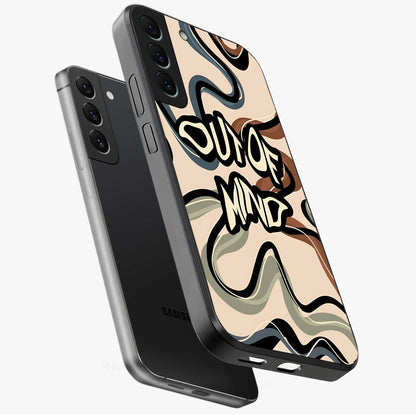 Out Of Mind Glass Case displayed in angled mockup highlighting bold statement design with modern artistic aesthetic.
