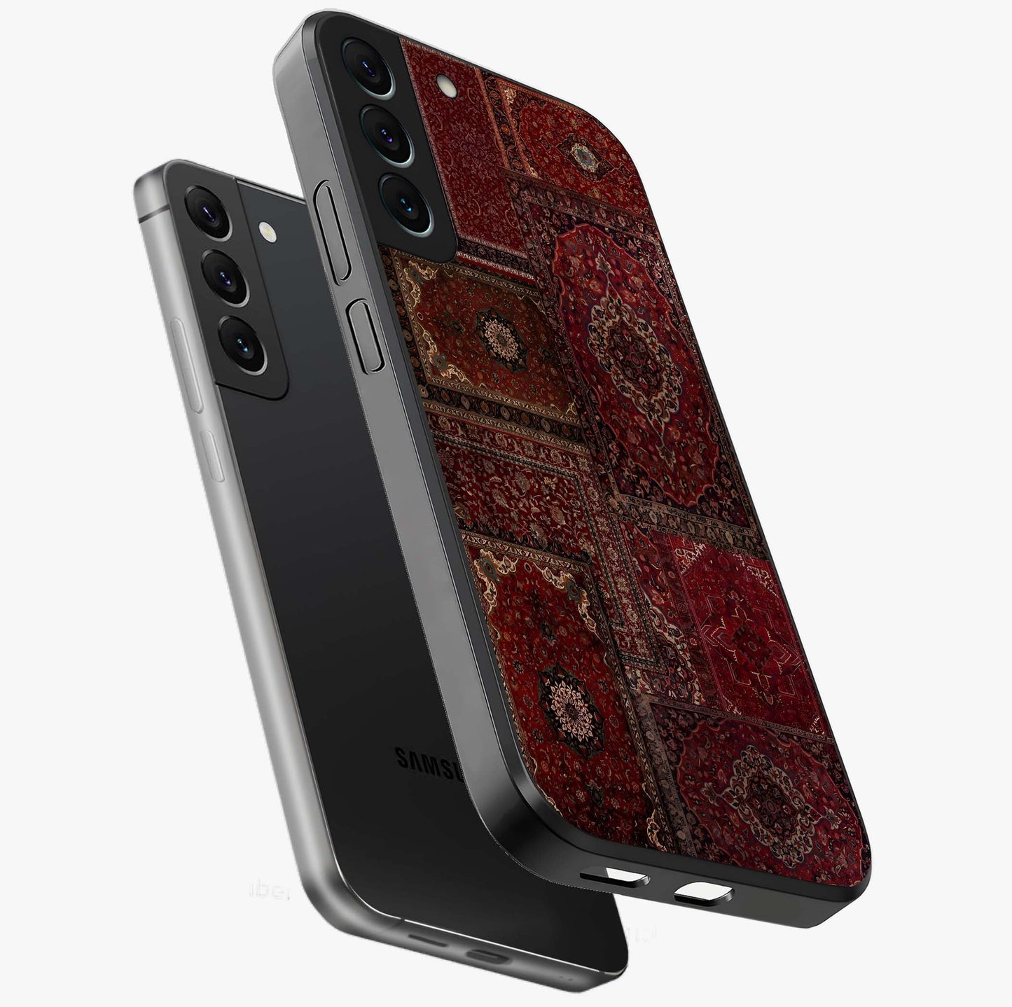 Persian Velvet Tale Glass Case displayed in angled mockup highlighting ornate textile inspired design with royal aesthetic.