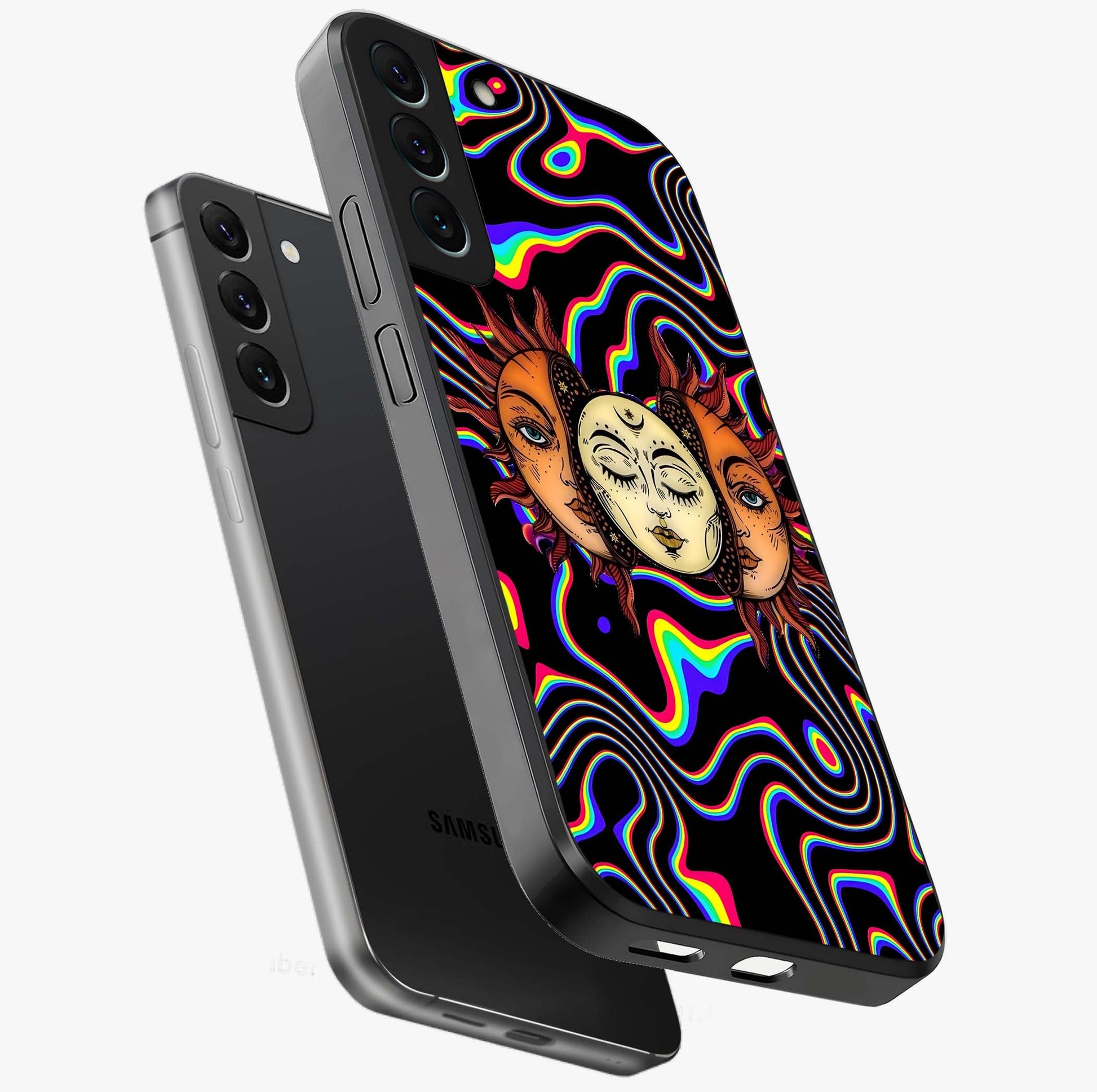 Psychedelic Sun Glass Case displayed in angled mockup highlighting vibrant abstract sun design with artistic aesthetic style.