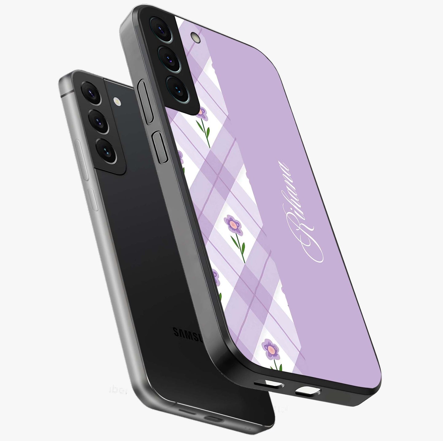 Purple Diamond Floral Glass Case displayed in angled mockup highlighting elegant purple flower design with decorative pattern.