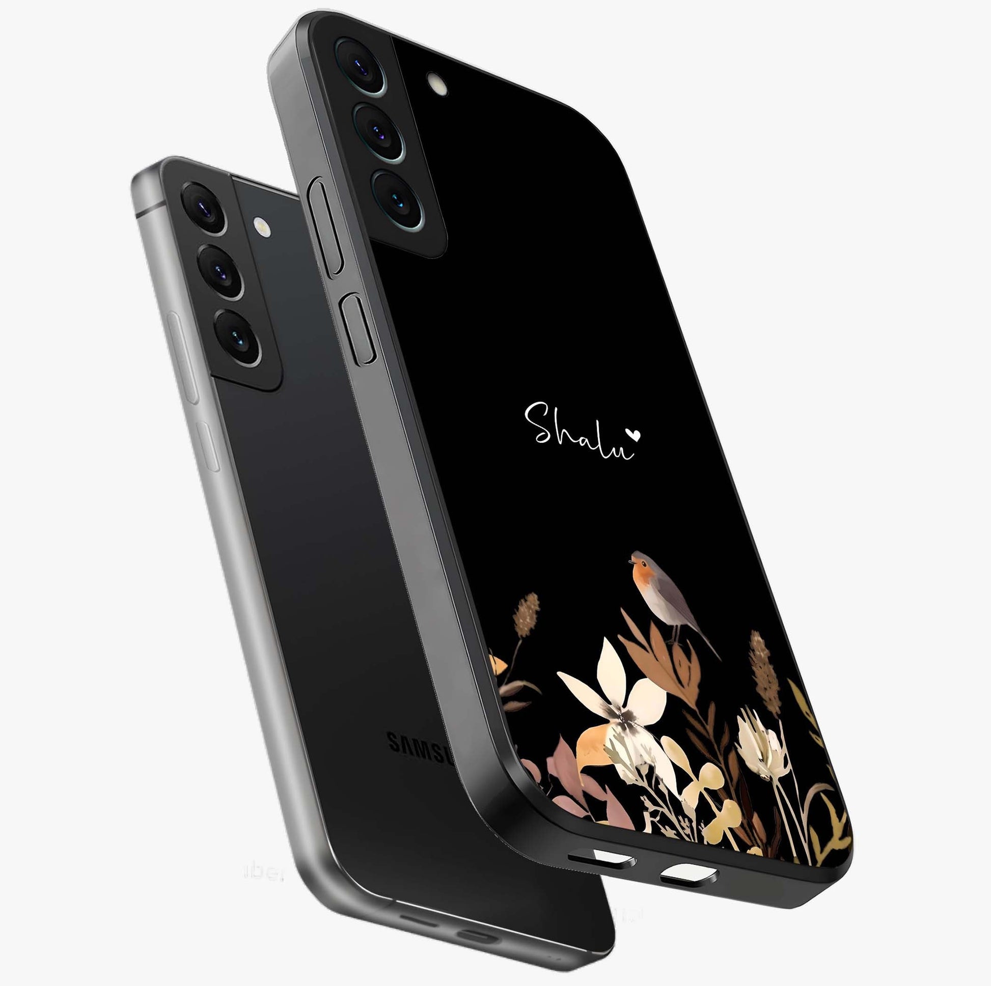 Quiet Garden Tune Custom Name Glass Case displayed in angled mockup highlighting delicate floral garden design with custom name feature.