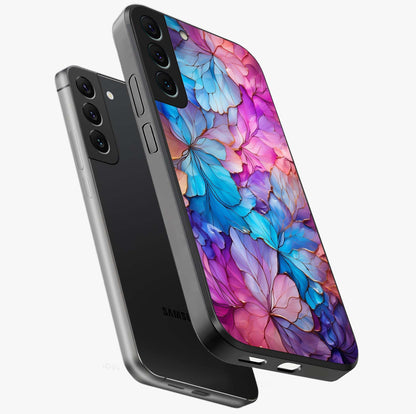 Radiant Floral Whirl Glass Case displayed in angled mockup highlighting vibrant flower pattern with dynamic artistic aesthetic.