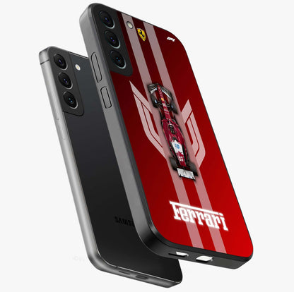 Red Ferrari F1 Vertical Glass Case displayed in angled mockup highlighting high speed racing design with bold automotive aesthetic.