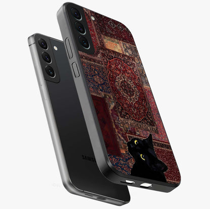 Regal Magic Cat Apple Glass Case displayed in angled mockup highlighting whimsical feline design with fantasy aesthetic.