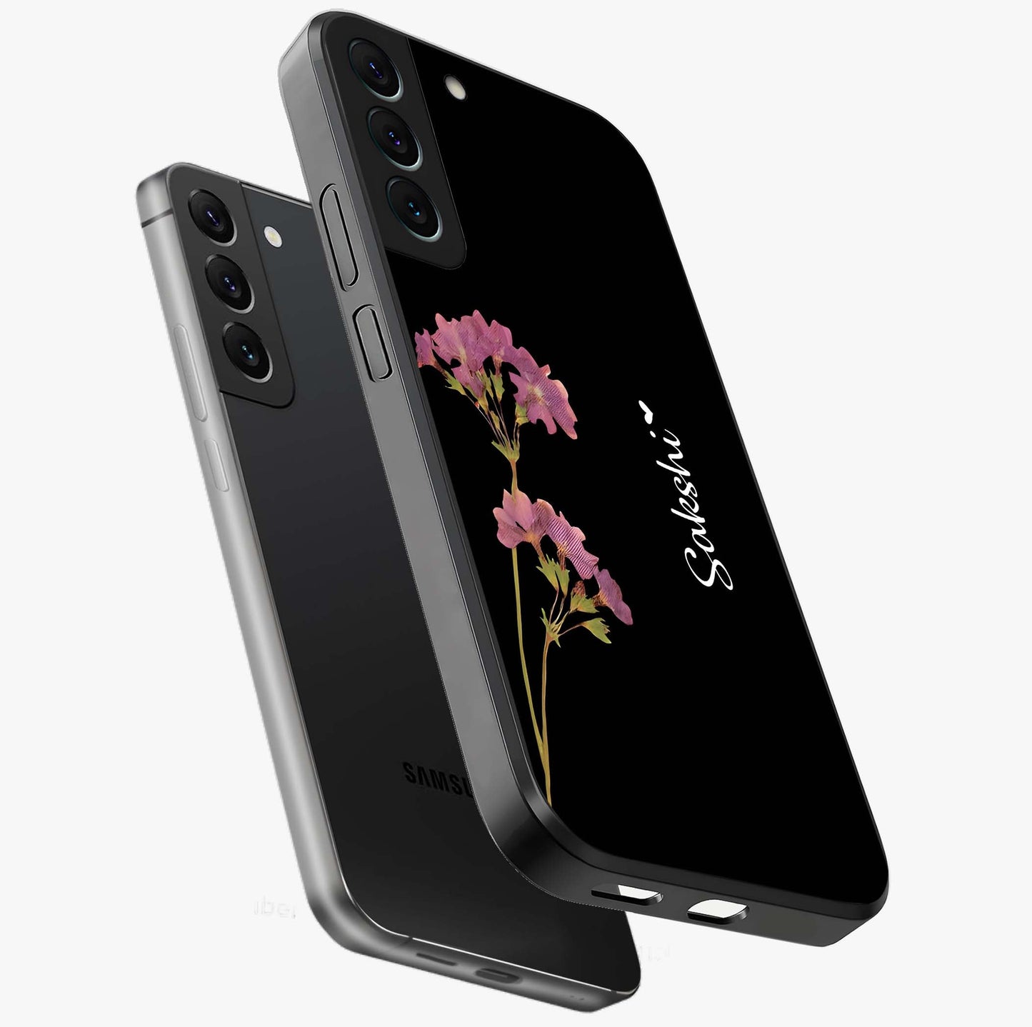 Riching Lavender Flower Custom Name Glass Case displayed in angled mockup highlighting delicate lavender flower design with custom name feature.