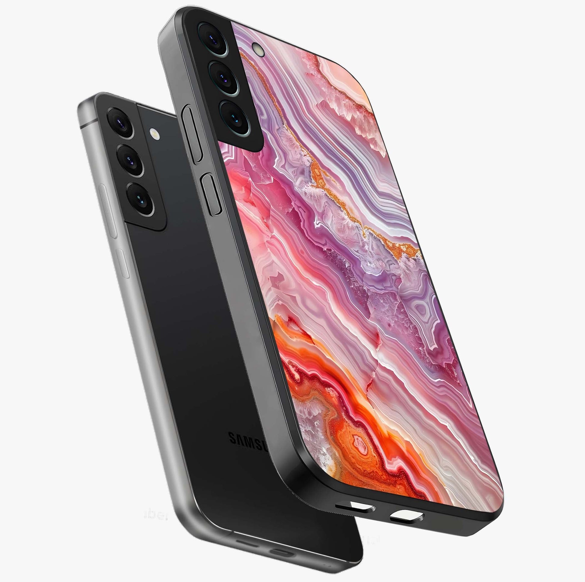 Rose Quartz Marble Glass Case displayed in angled mockup highlighting elegant marble pattern with soft aesthetic style.