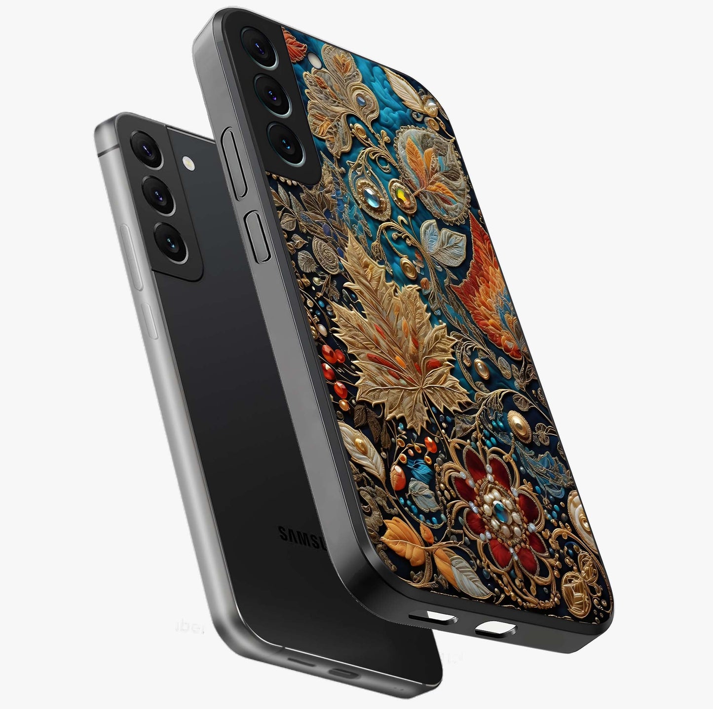 Royal Jewel Garden Glass Case displayed in angled mockup highlighting vibrant jewel inspired floral design with elegant aesthetic.