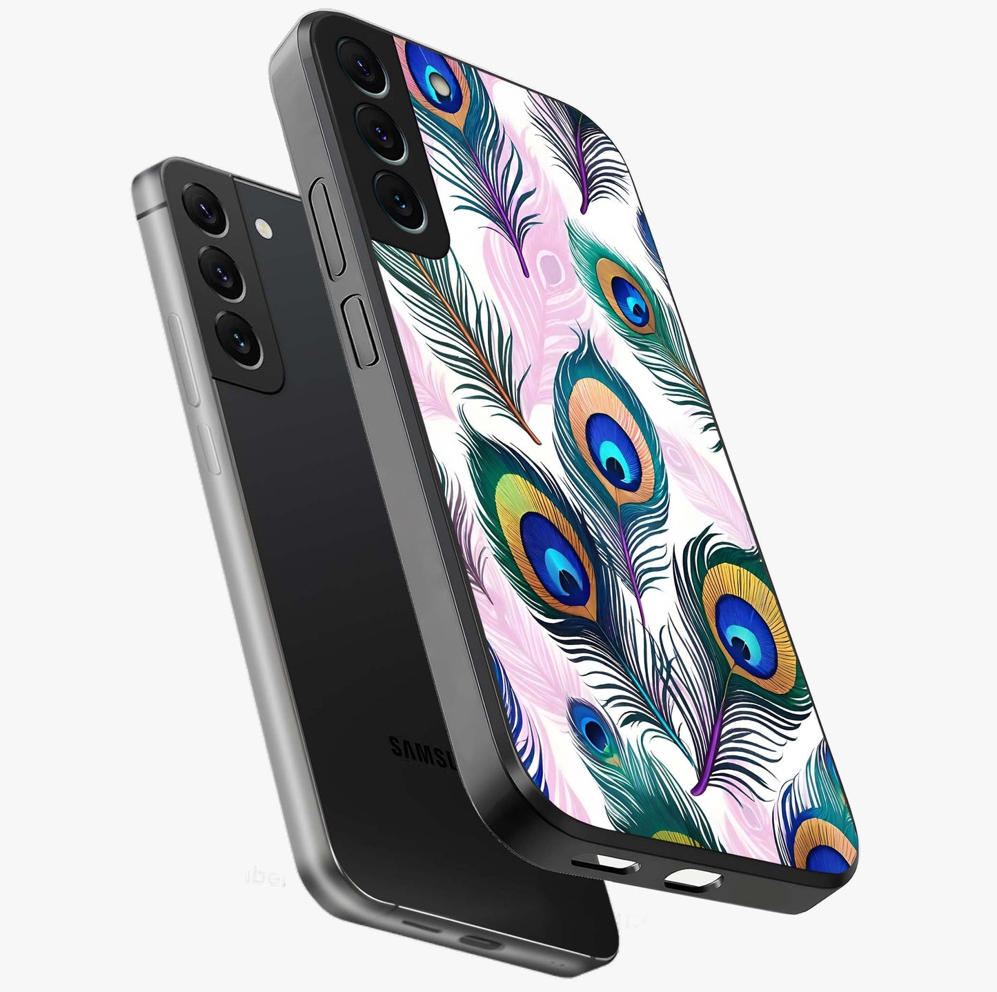 Royal Peacock Feathers Glass Case displayed in angled mockup highlighting vibrant feather pattern with regal aesthetic style.