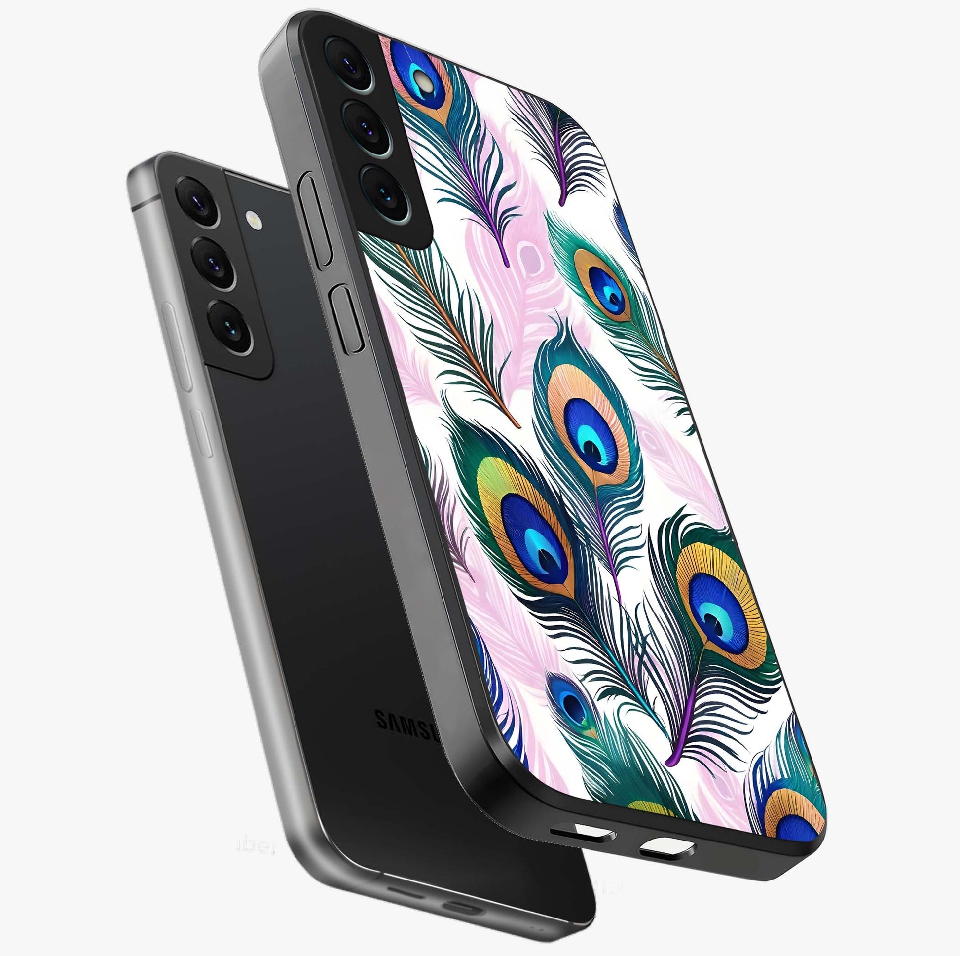 Royal Peacock Feathers Glass Case displayed in angled mockup highlighting vibrant feather pattern with regal aesthetic style.