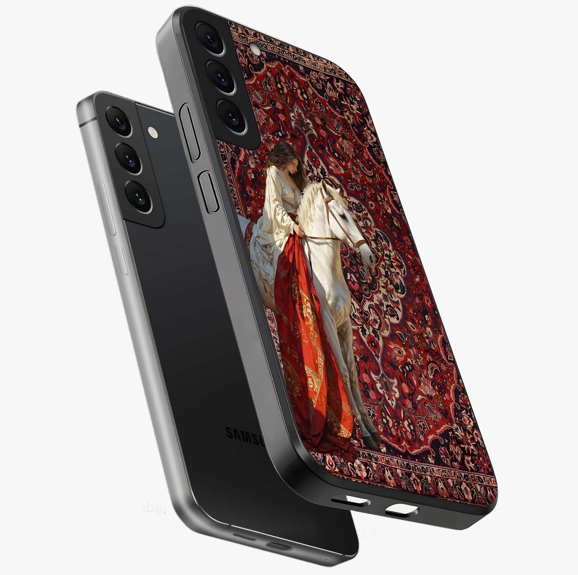 Royal Rider Tapestry Glass Case displayed in angled mockup highlighting traditional tapestry design with royal heritage aesthetic.