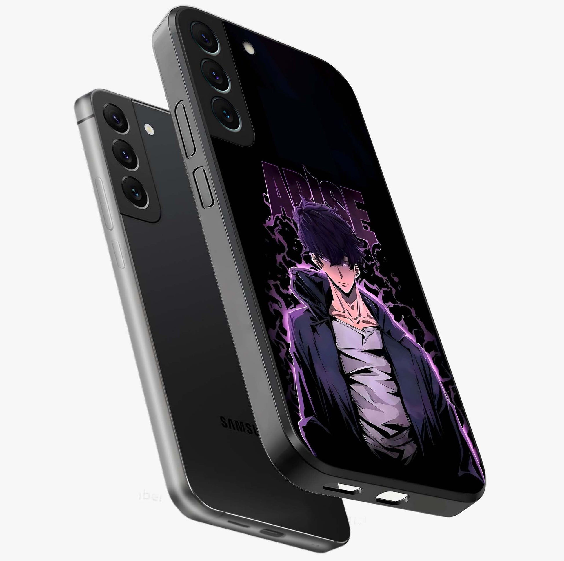 Shadow Monarch Awakening Glass Case displayed in angled mockup highlighting dramatic shadow warrior design with fantasy aesthetic.