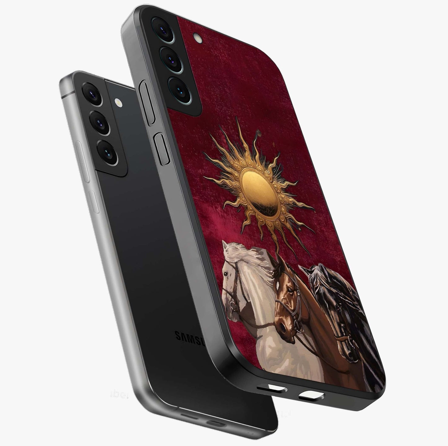 Solar Riders Glass Case displayed in angled mockup highlighting powerful rider illustration with radiant solar aesthetic.