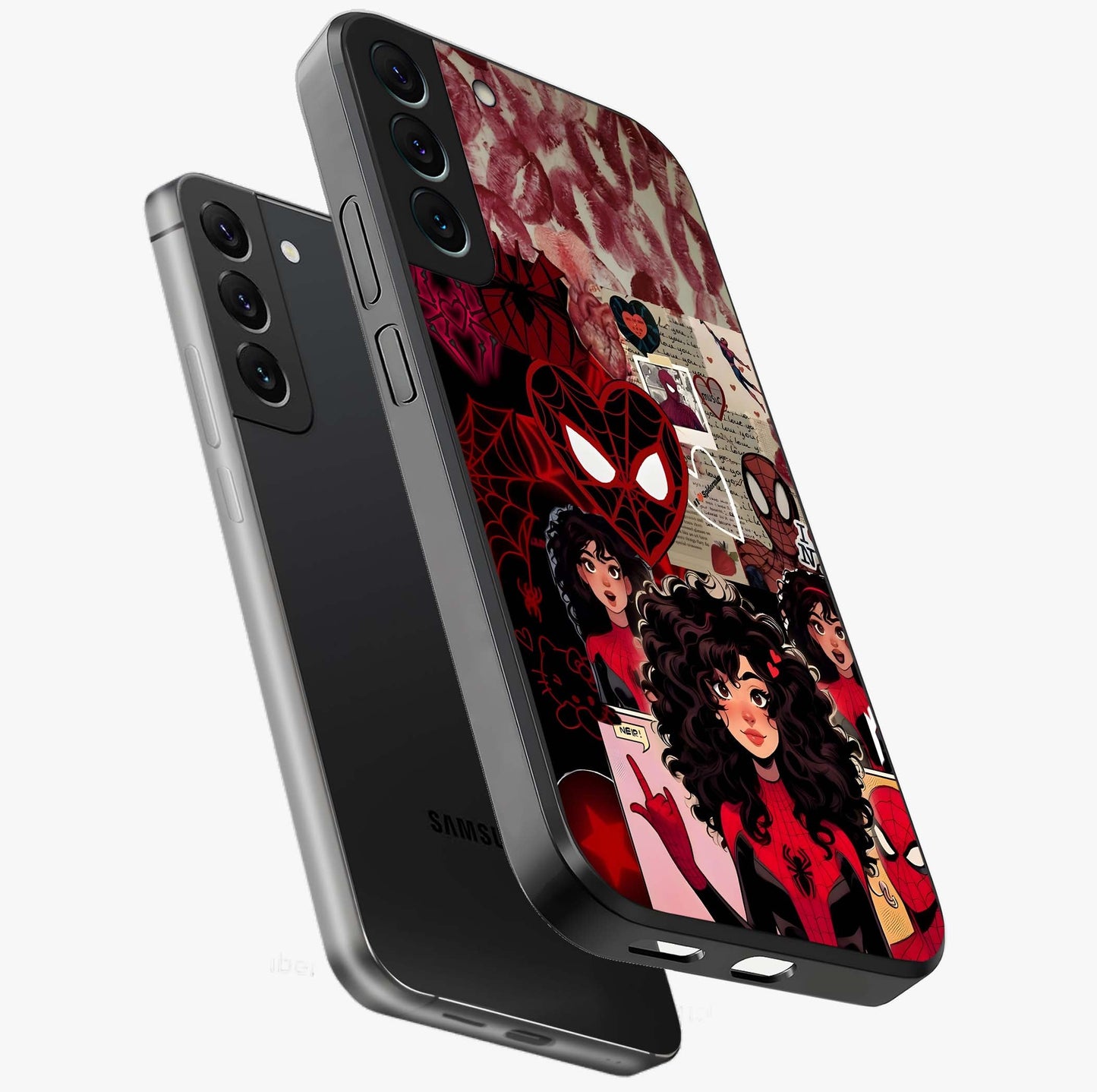 Spider Love Story Glass Case displayed in angled mockup highlighting expressive comic inspired design with playful aesthetic.