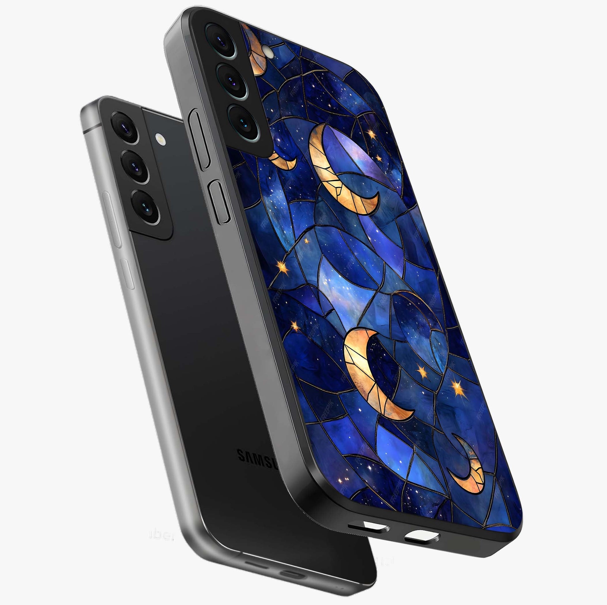 Starlit Sky Tapestry Glass Case displayed in angled mockup highlighting celestial night pattern with artistic aesthetic style.