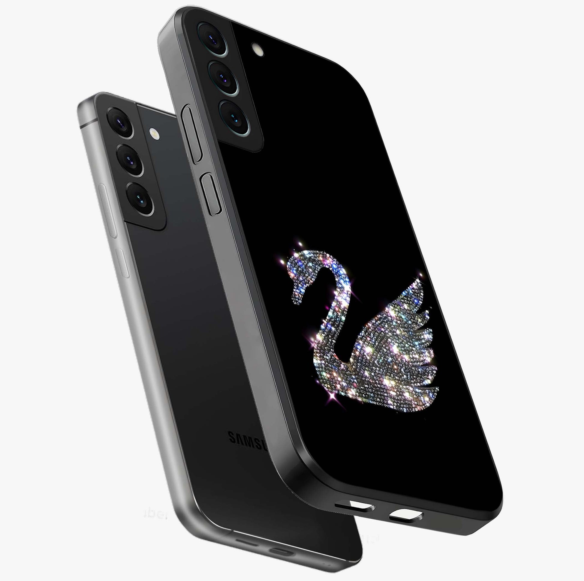 Starlit Swan Grace Glass Case displayed in angled mockup highlighting elegant swan illustration with dreamy celestial aesthetic.