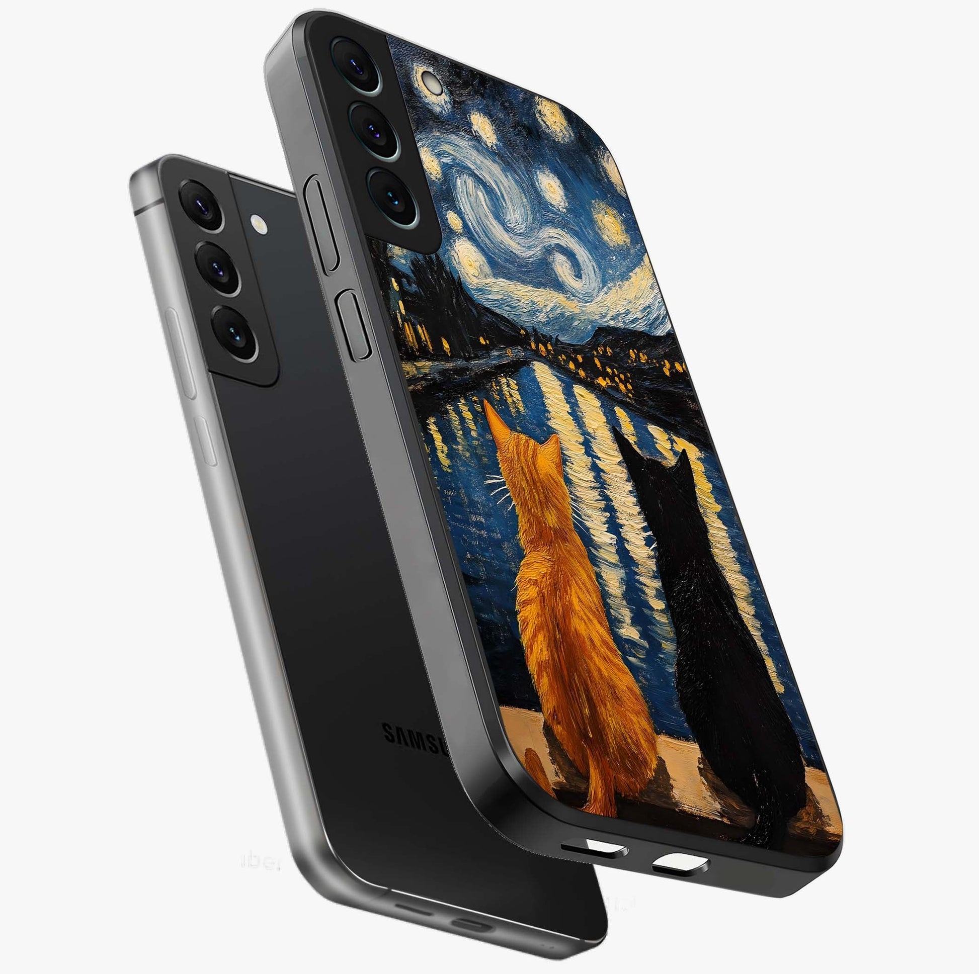 Starry River Cats Glass Case displayed in angled mockup highlighting charming feline illustration with dreamy night aesthetic.