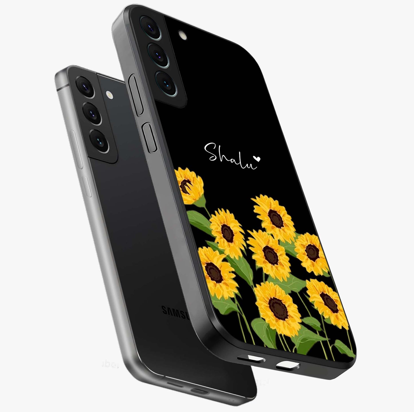 Sunflower Chic Mood Custom Name Glass Case displayed in angled mockup highlighting vibrant sunflower design with custom name feature.