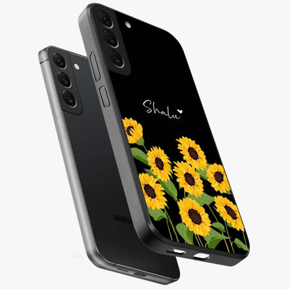 Sunflower Chic Mood Custom Name Glass Case displayed in angled mockup highlighting vibrant sunflower design with custom name feature.