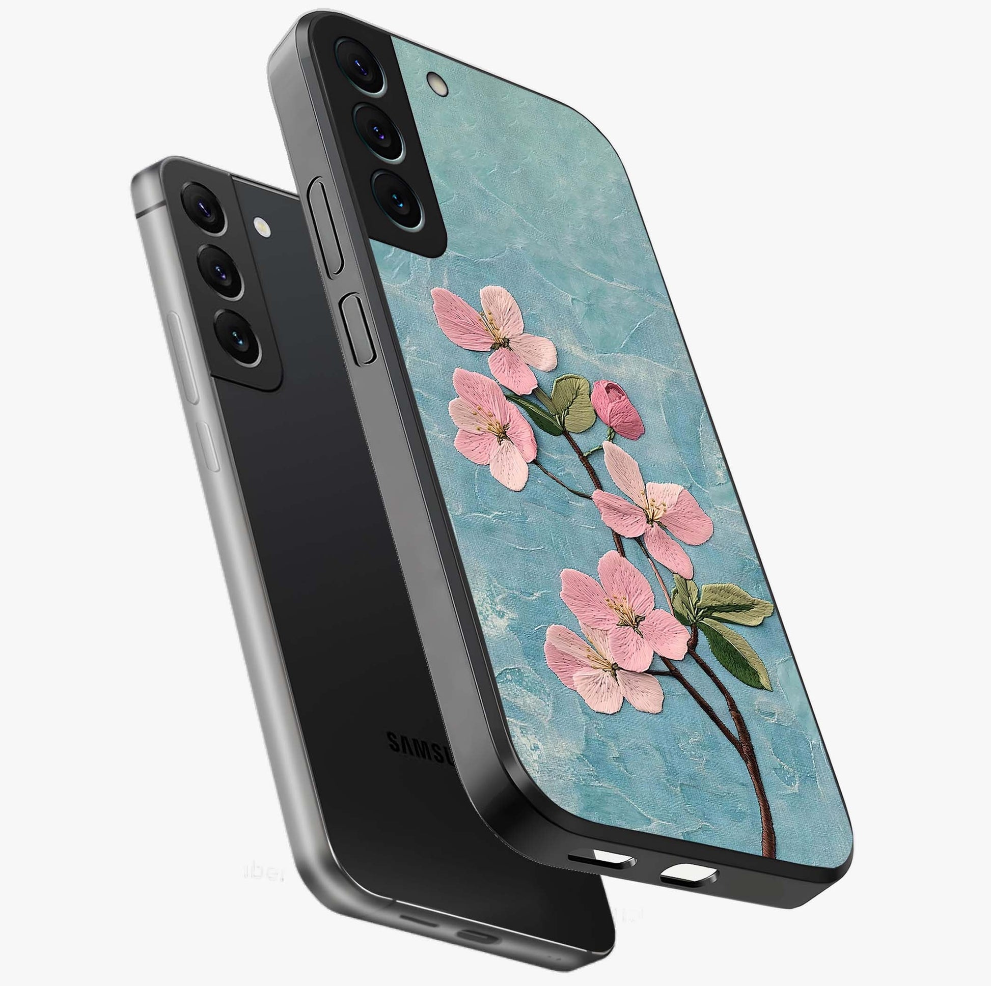 Threaded Blossom Breeze Glass Case displayed in angled mockup highlighting elegant floral design with soft aesthetic style.