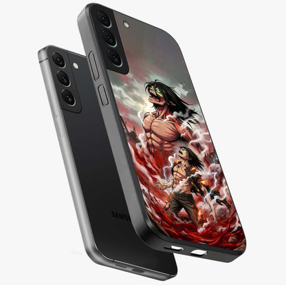 Titan Awakening Fury Glass Case displayed in angled mockup highlighting dramatic giant warrior design with bold anime aesthetic.