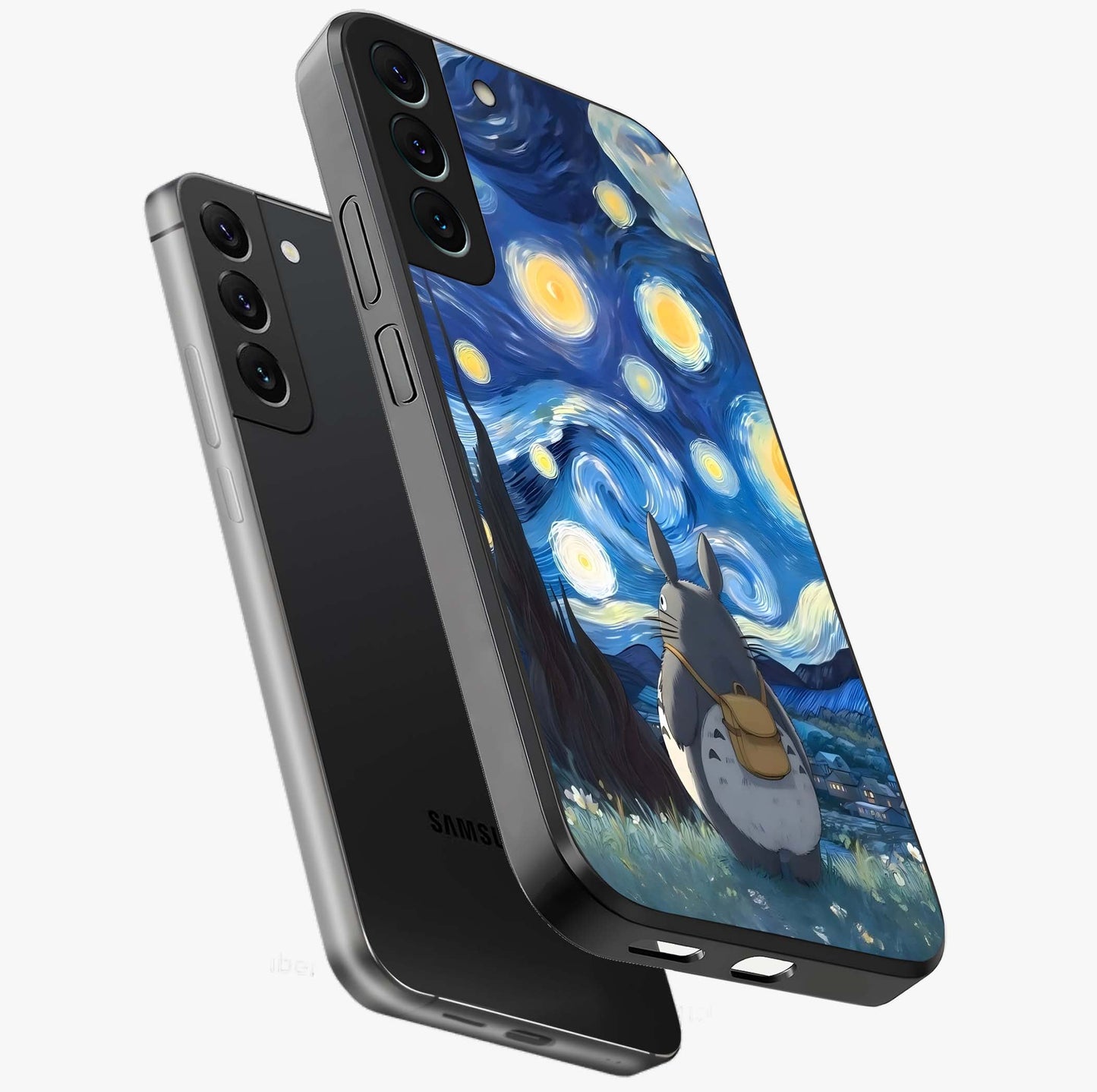 Totoro In Van Gogh Art Glass Case displayed in angled mockup highlighting artistic swirling sky design with playful animation aesthetic.