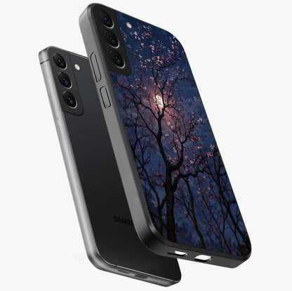 Twilight Sakura Serenade Glass Case displayed in angled mockup highlighting delicate sakura flower design with dreamy aesthetic.