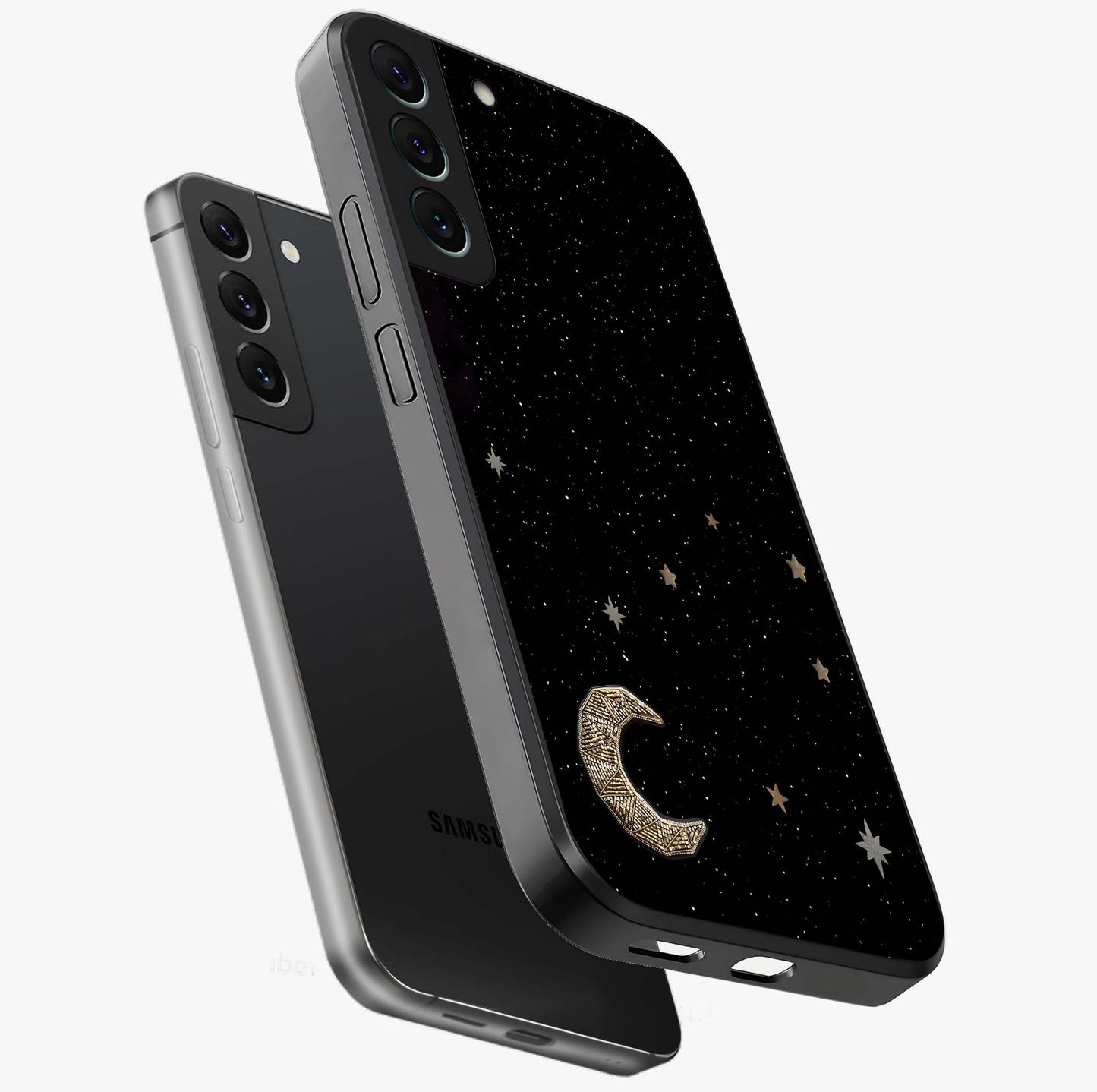 Twinkle Star With Half Moon Glass Case displayed in angled mockup highlighting celestial moon and star design with magical aesthetic.